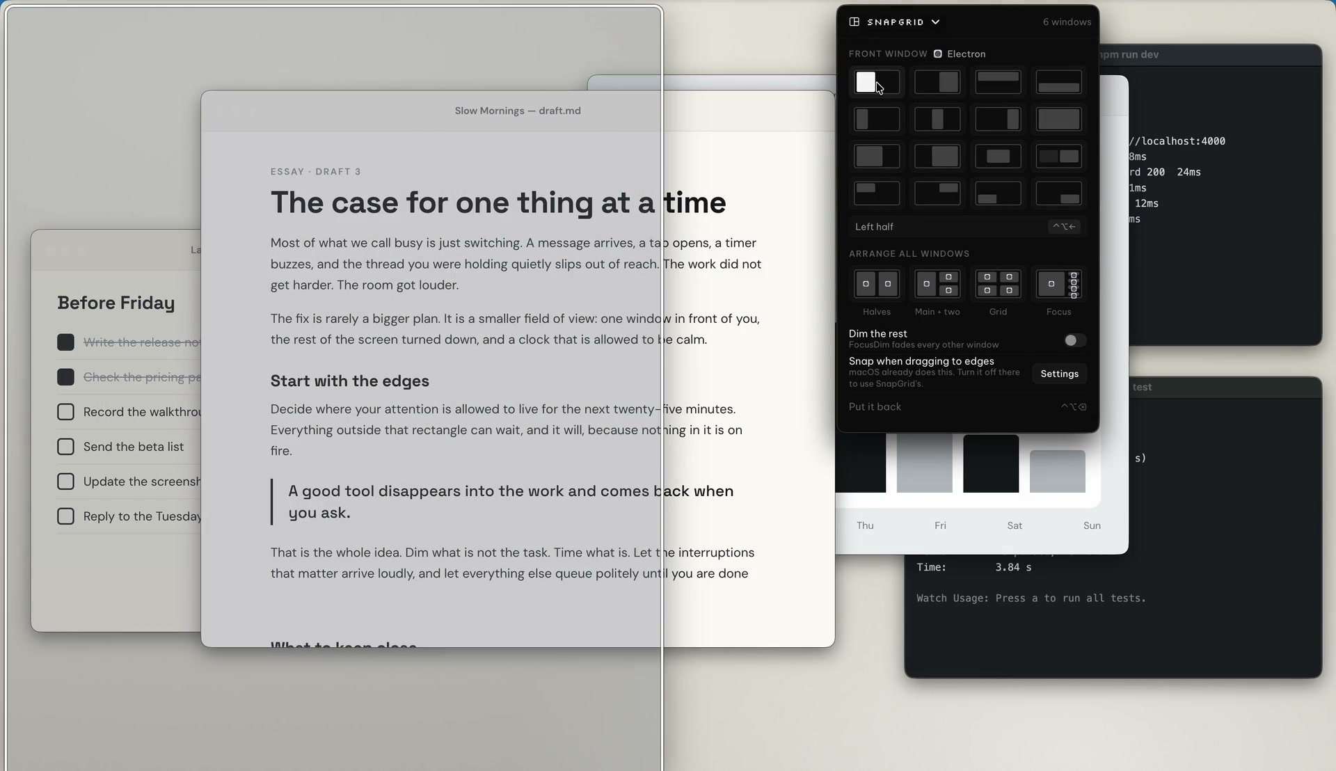 The SnapGrid panel previews window layouts, snaps a document to the left half of the screen, then tiles all open windows with the Grid button.