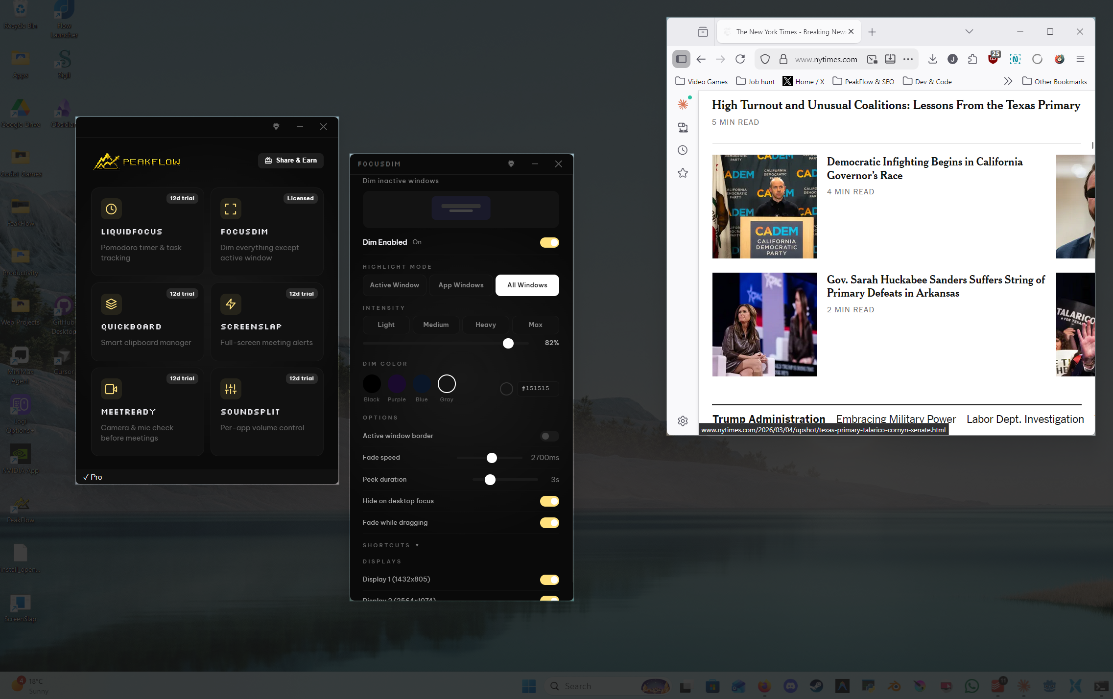 FocusDim All Windows mode showing highlight modes on a multi-monitor Windows desktop