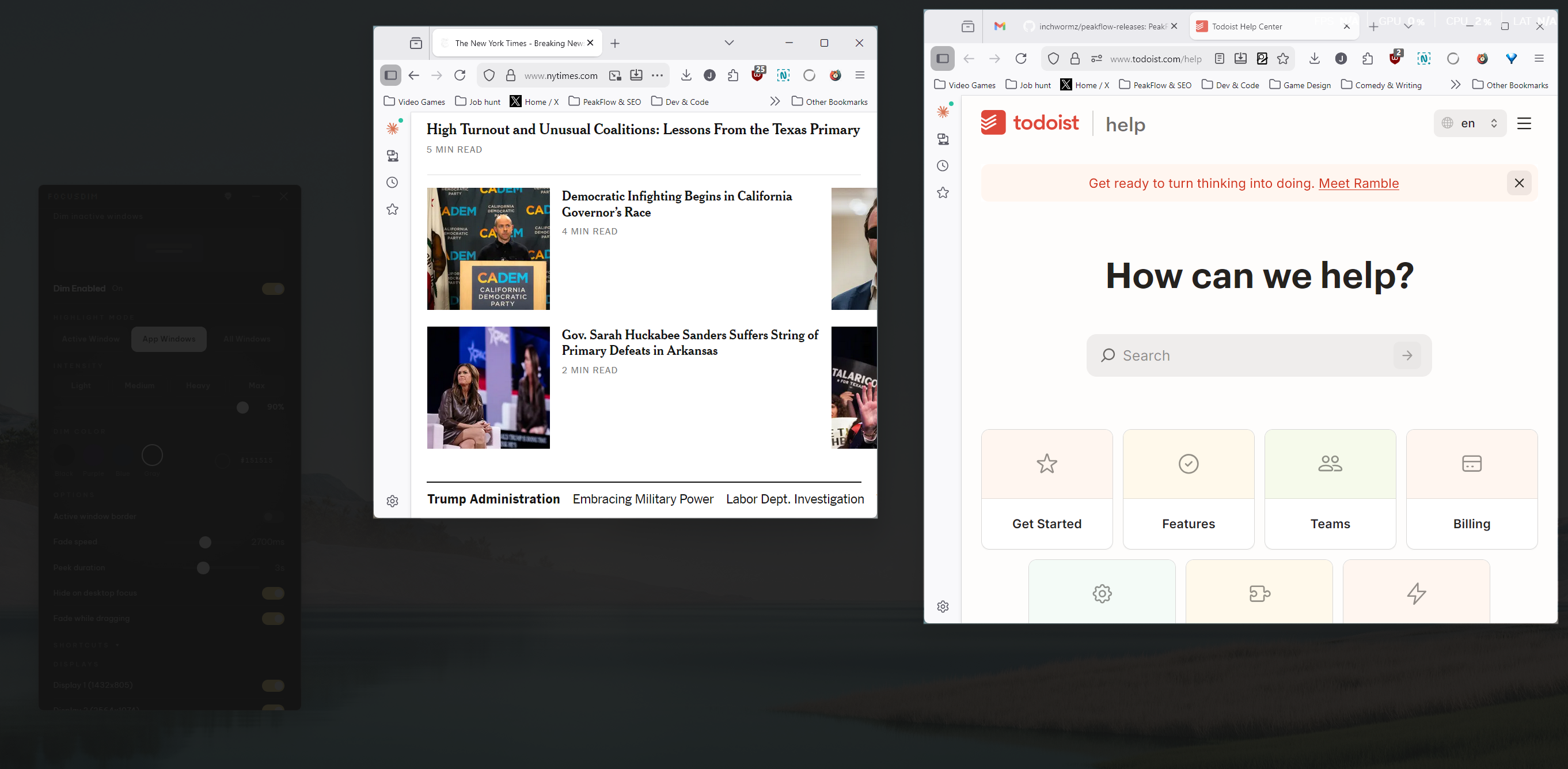 FocusDim App Windows mode: all Firefox windows bright, everything else dimmed