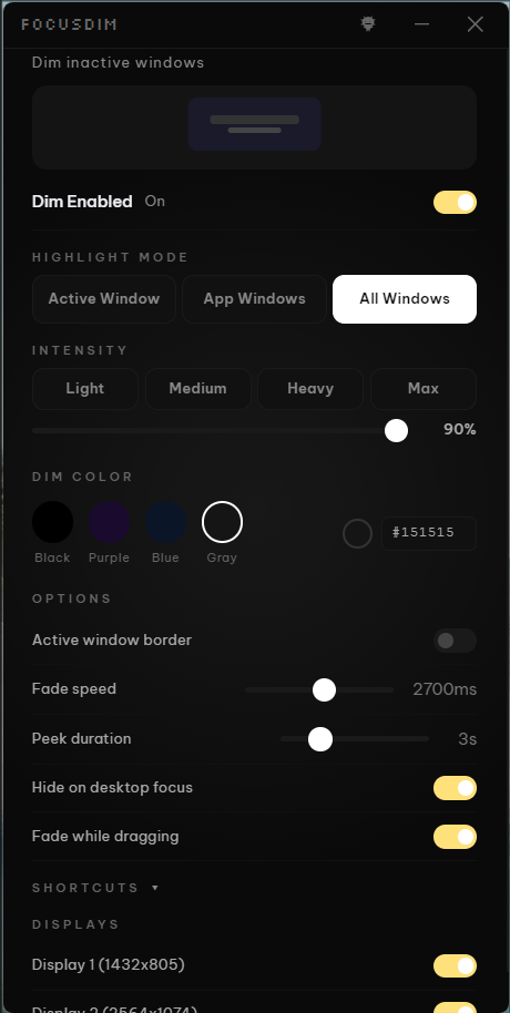 FocusDim settings showing highlight modes, intensity controls, and color options