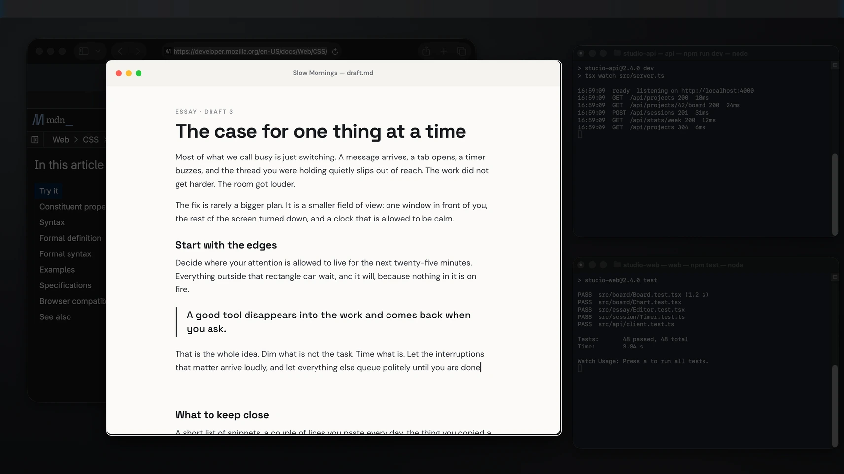 FocusDim on a Mac: a text document stays bright while a browser and two terminal windows behind it are dimmed