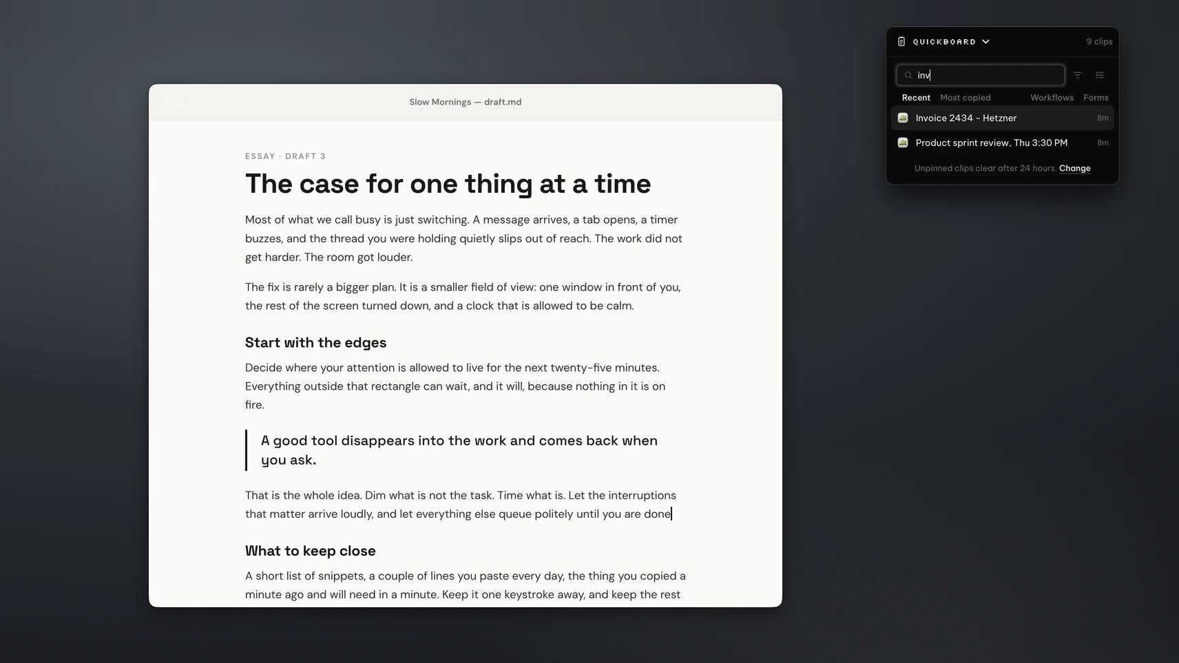 QuickBoard search on a Mac, with two matching clips found