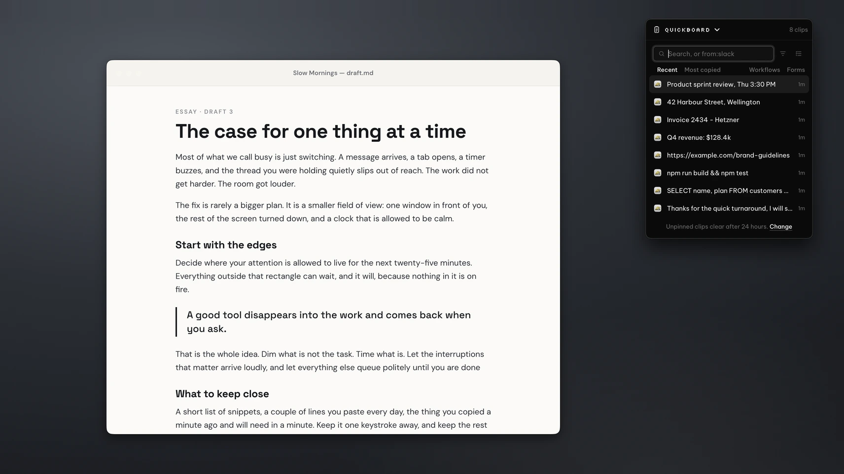 QuickBoard open on a Mac, showing recent clips with tabs for links, images, code and files
