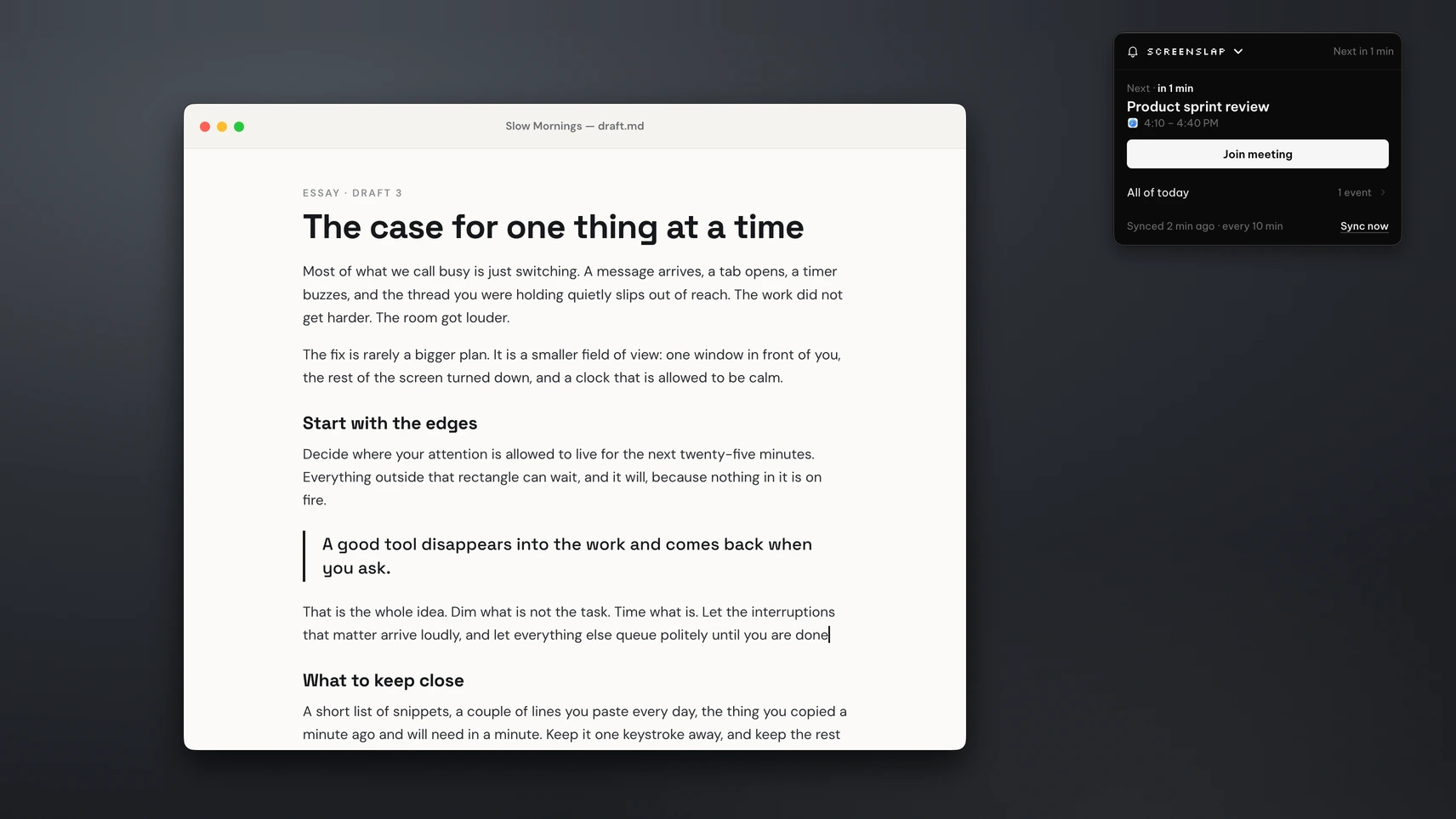 ScreenSlap's panel on a Mac showing the next meeting, Product sprint review, with a Join meeting button