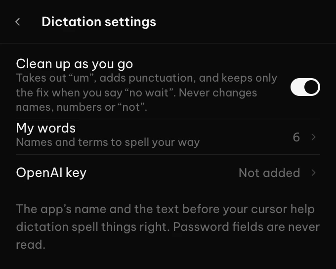 The Dictation settings screen: the clean-up switch and the My words row.