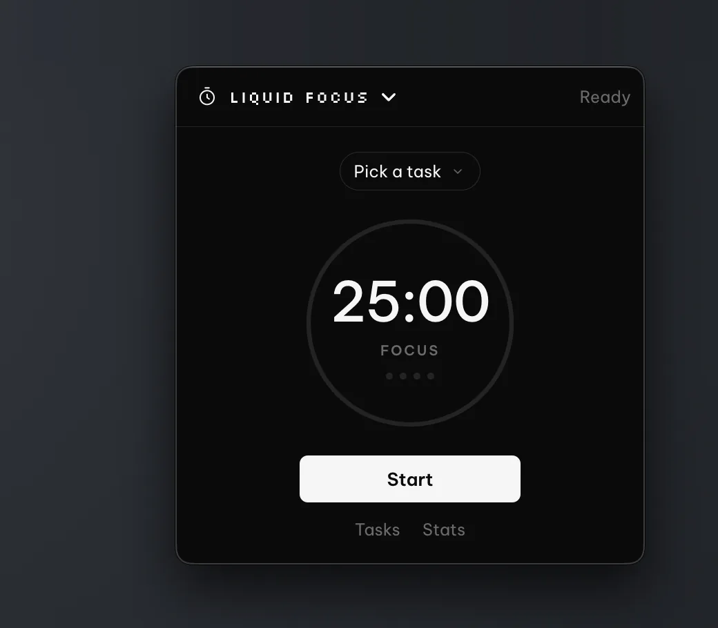 The Liquid Focus panel: a 25:00 focus timer with a Start button, and links to Tasks and Stats.