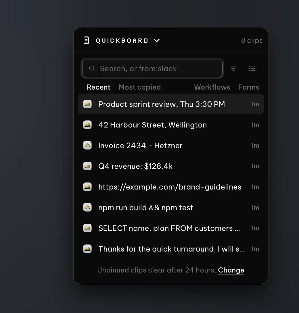 QuickBoard's clipboard history: a search box, then recent clips such as a meeting time, a street address, an invoice, a revenue figure, a link and a terminal command.