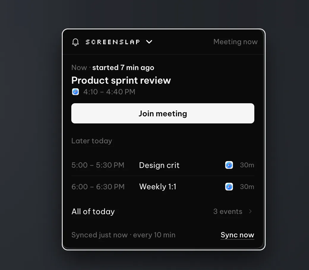 The ScreenSlap panel: Product sprint review started 7 minutes ago, with a Join meeting button and the rest of today's meetings.