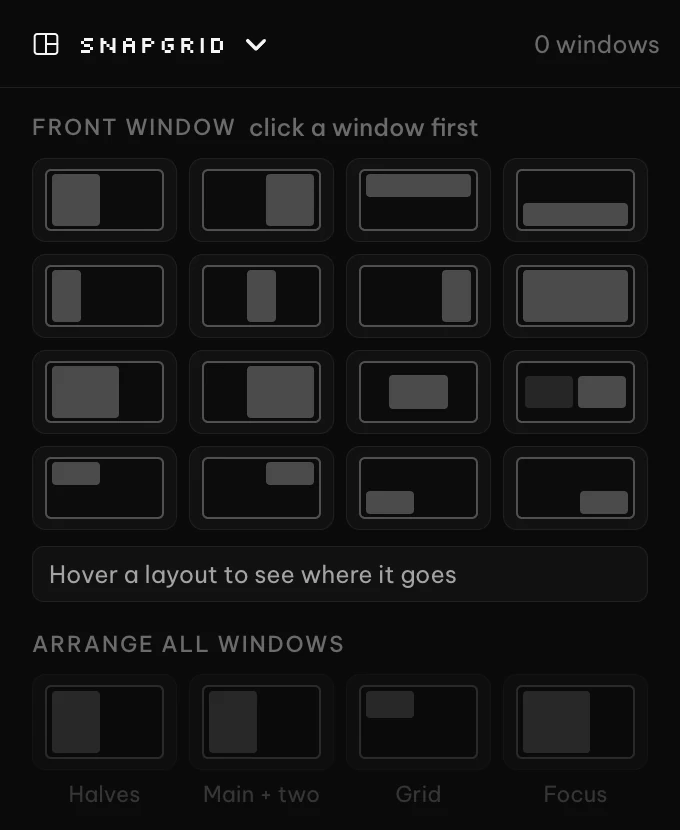 The SnapGrid panel with its layout tiles and the Arrange all windows row.