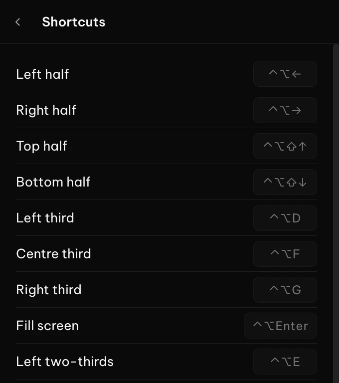 The SnapGrid shortcuts list: each layout with its key combination, from left half to left two-thirds.